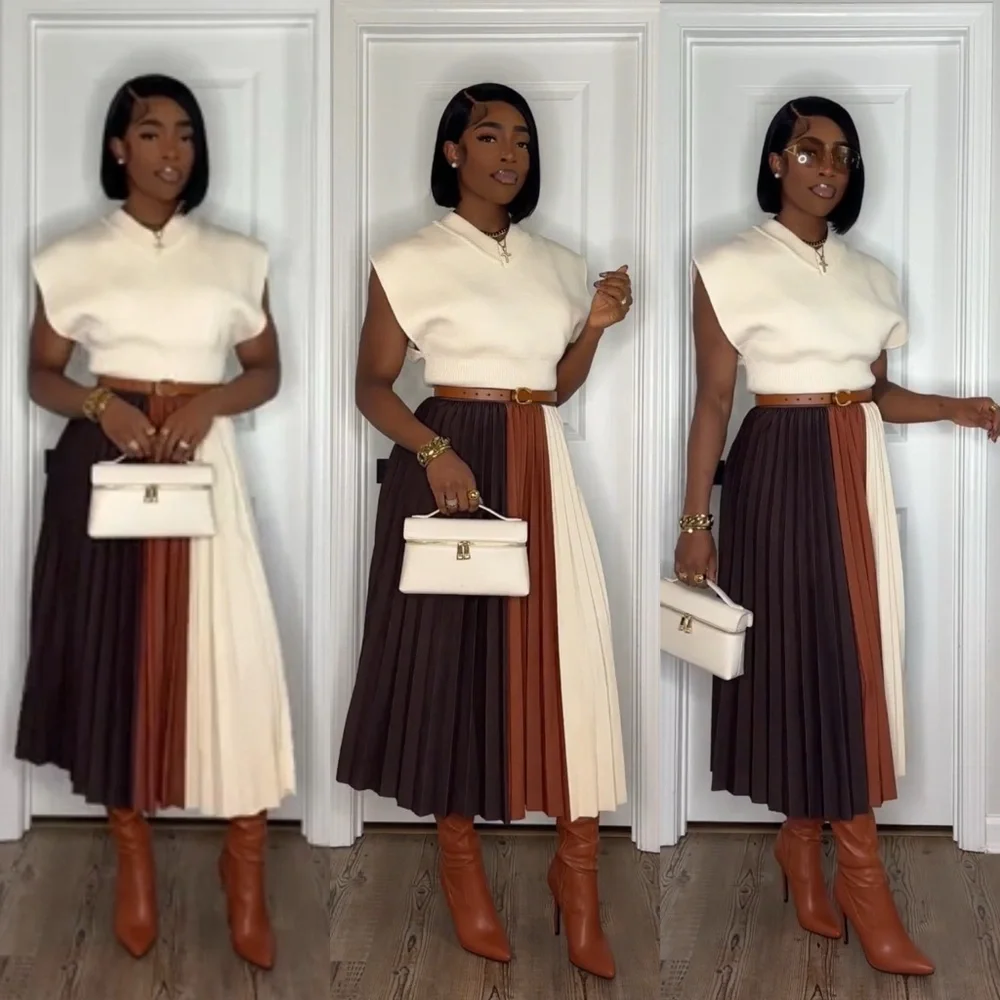 Colorblock Pleated Midi Skirt - Picture 1 of 5